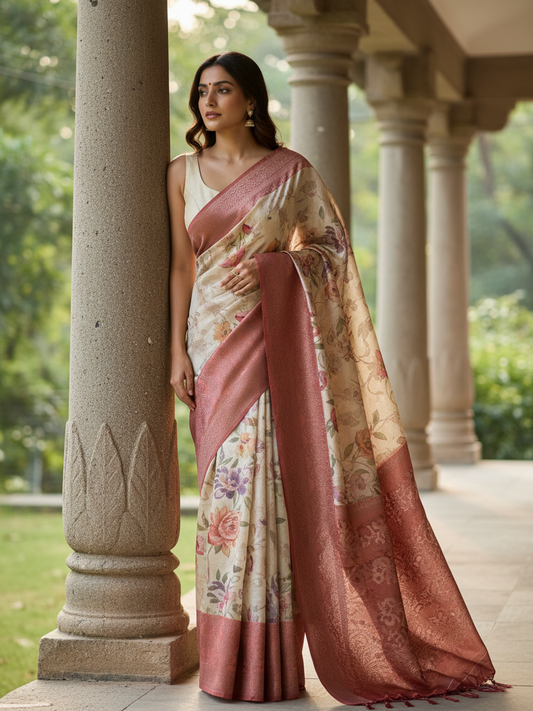 Cream Printed Silk Blend Saree With Unstitched Blouse Piece