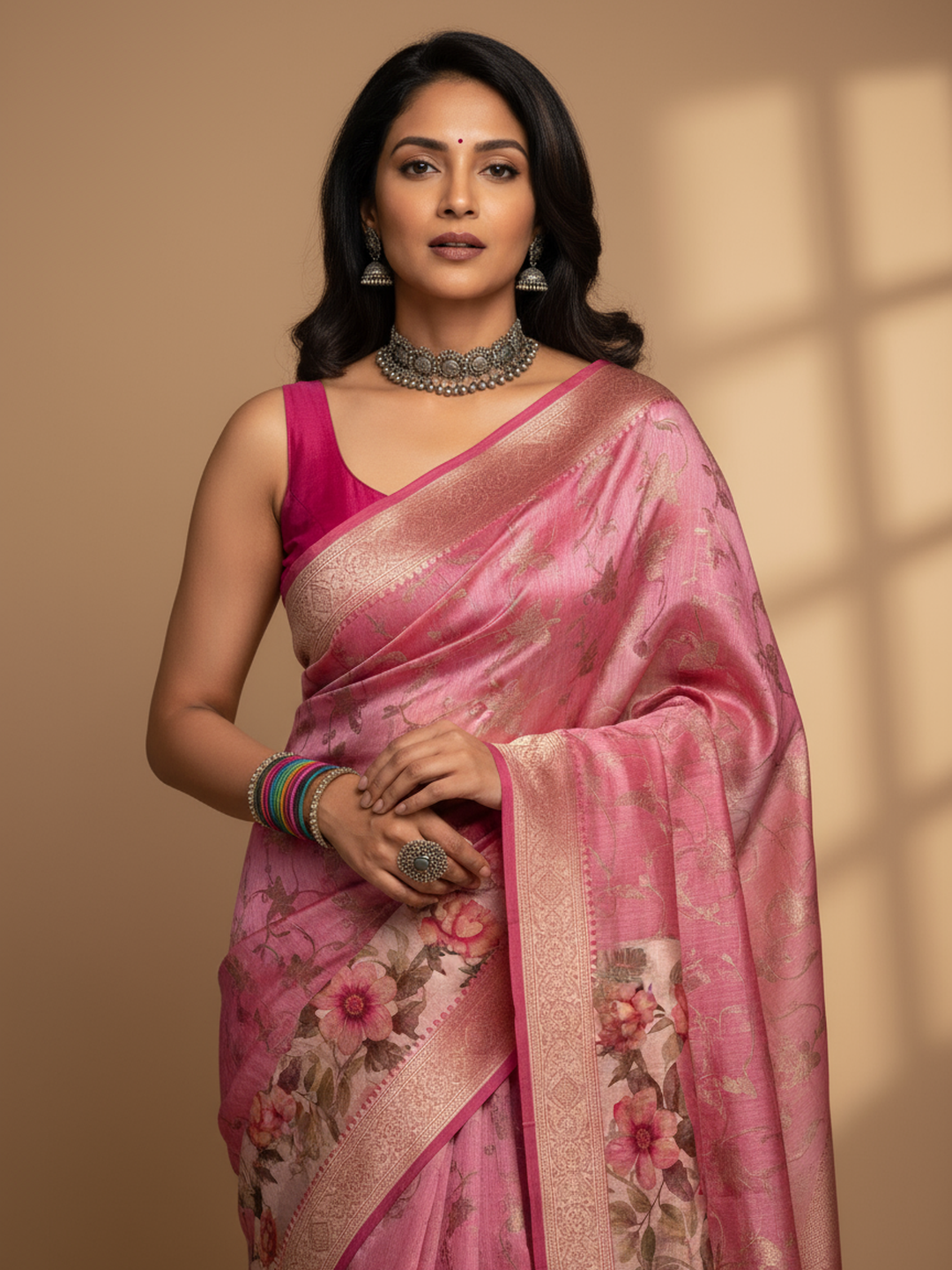 Pink Printed Silk Blend Saree With Unstitched Blouse Piece