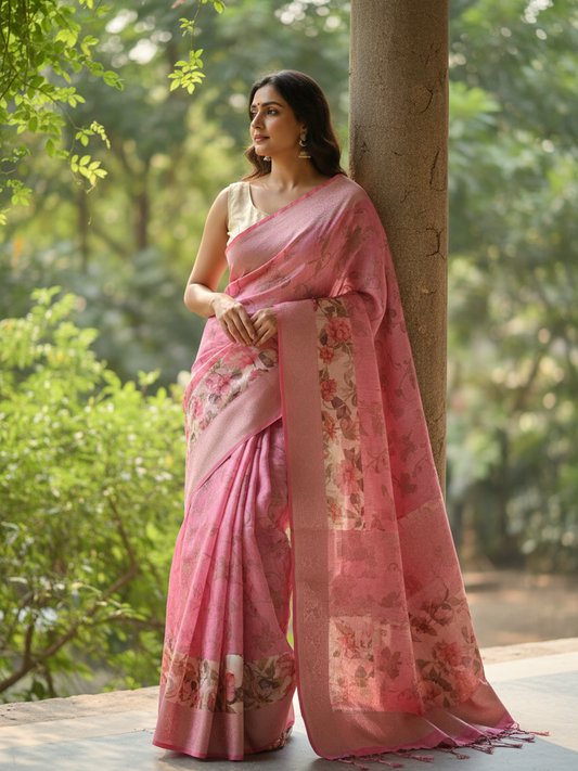 Pink Printed Silk Blend Saree With Unstitched Blouse Piece