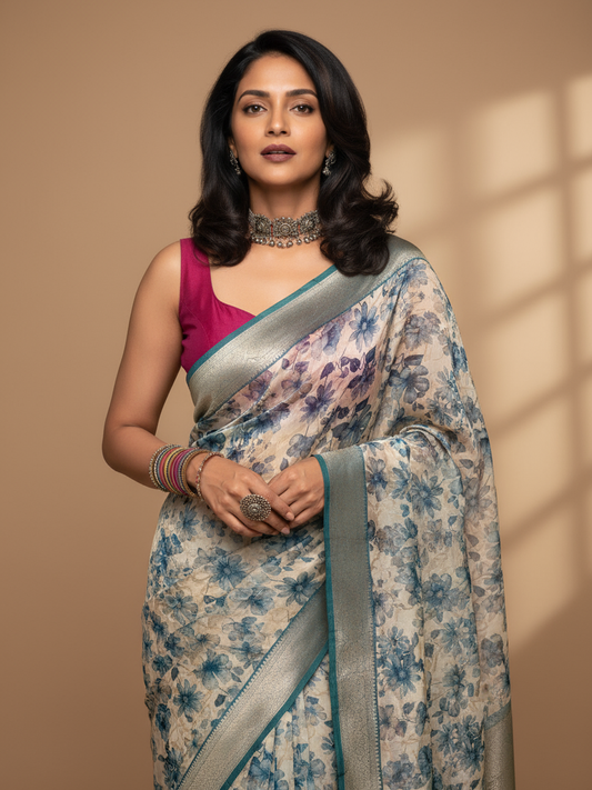 Beige Printed Silk Blend Saree With Unstitched Blouse Piece
