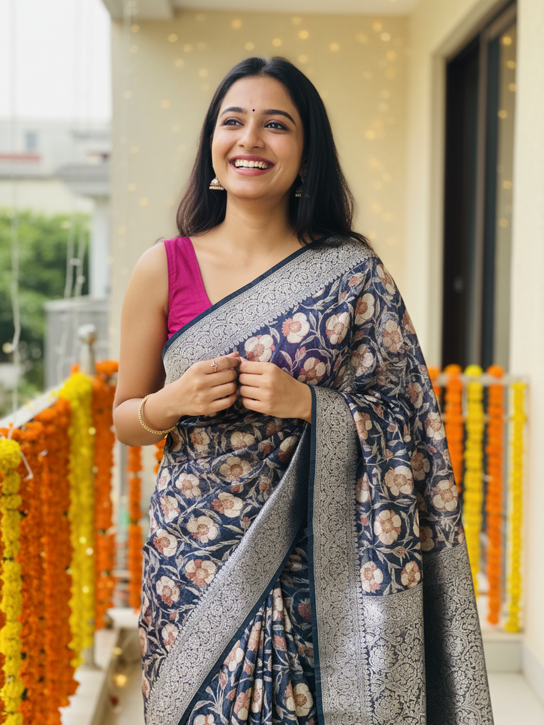 Black Printed Silk Blend Saree With Unstitched Blouse Piece