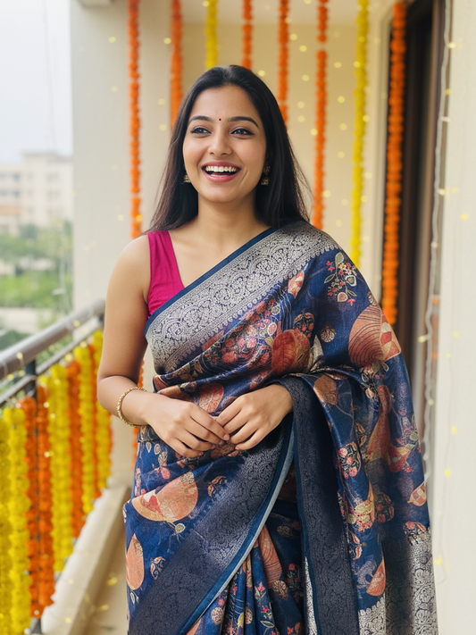 Blue Printed Silk Blend Saree With Unstitched Blouse Piece