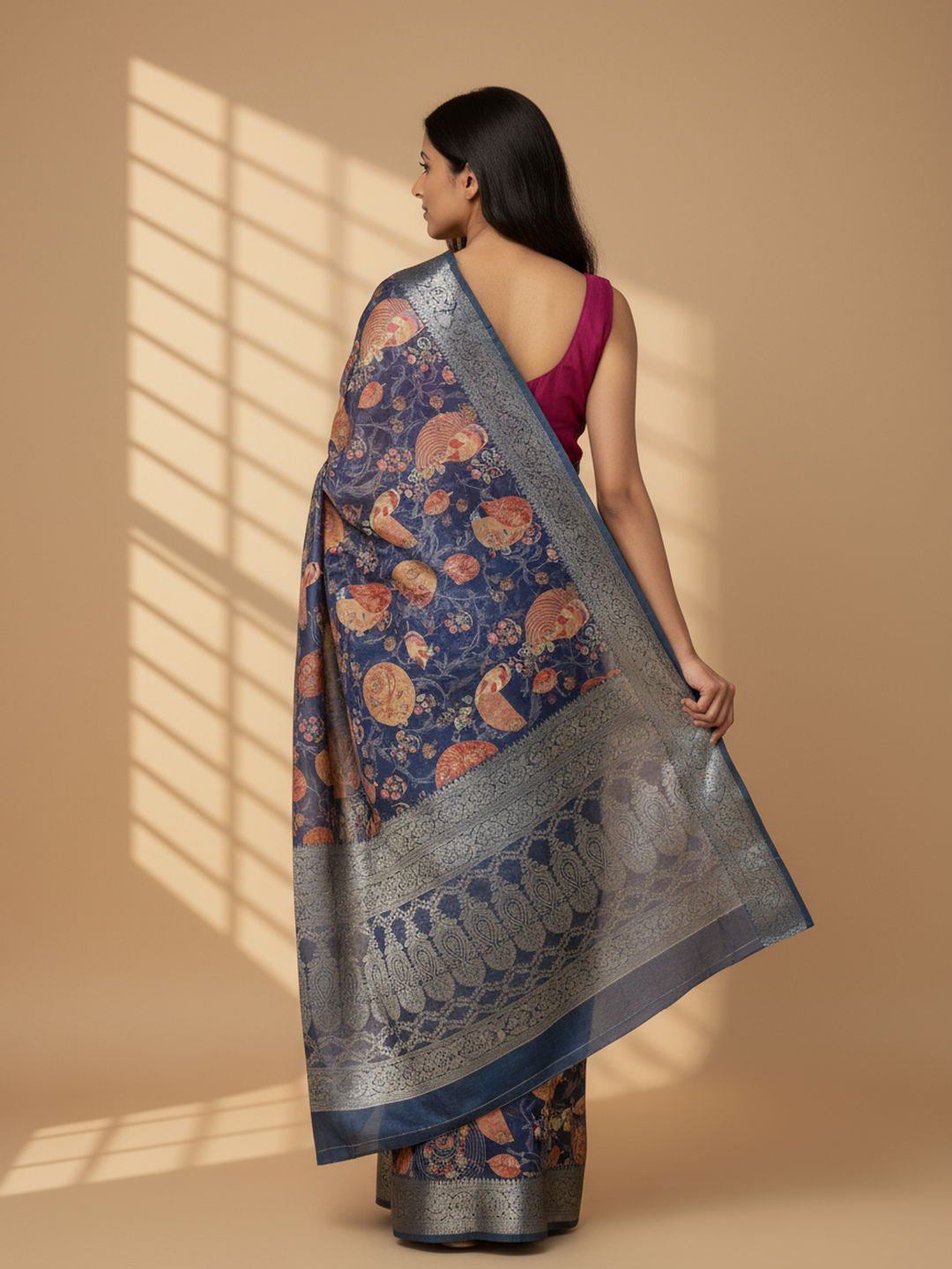 Blue Printed Silk Blend Saree With Unstitched Blouse Piece