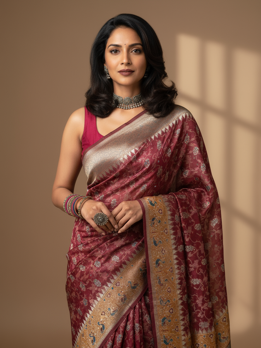 Maroon Printed Silk Blend Saree With Unstitched Blouse Piece