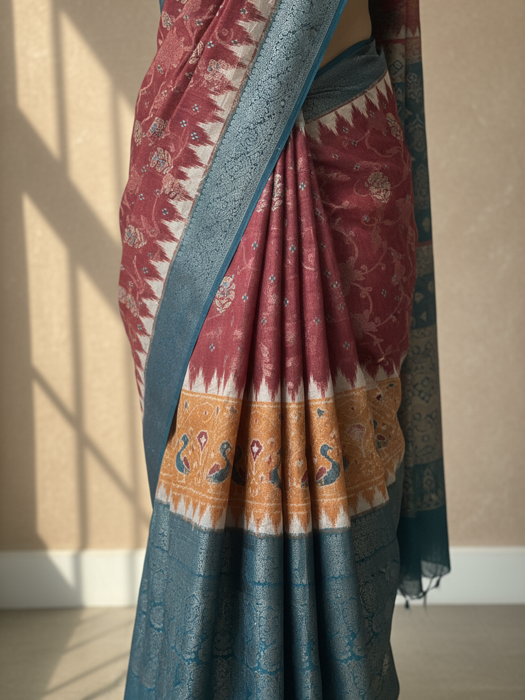 Maroon Printed Silk Blend Saree With Unstitched Blouse Piece