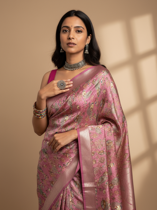 Pink Printed Silk Blend Saree With Unstitched Blouse Piece