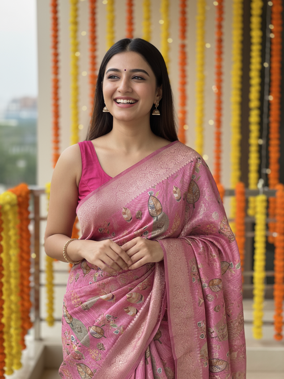 Pink Printed Silk Blend Saree With Unstitched Blouse Piece