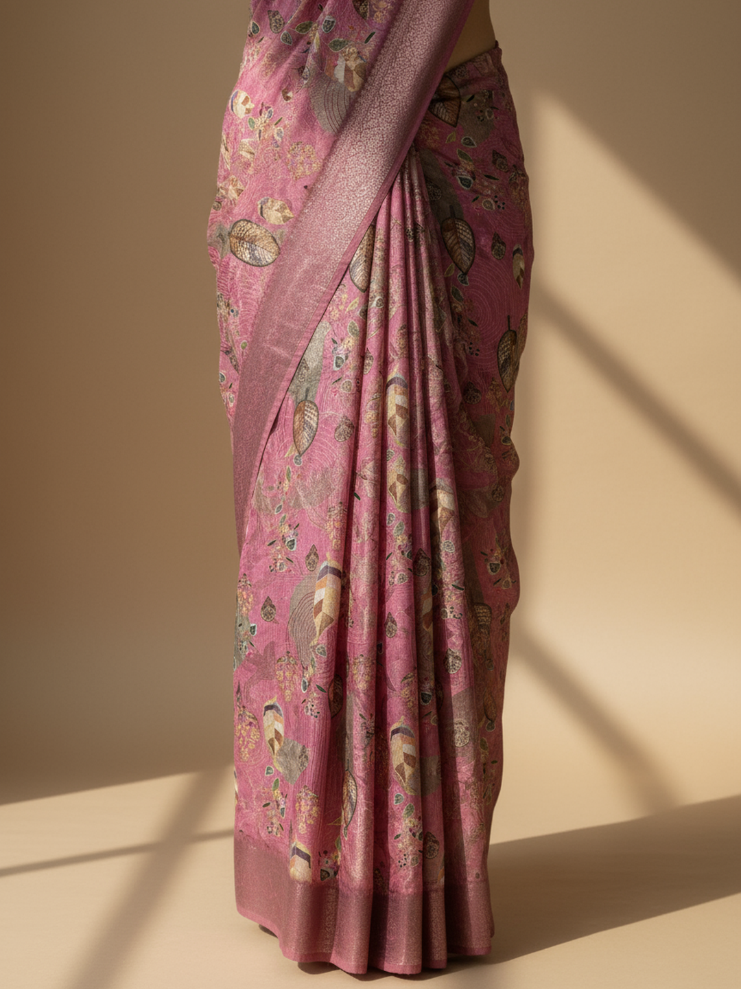 Pink Printed Silk Blend Saree With Unstitched Blouse Piece