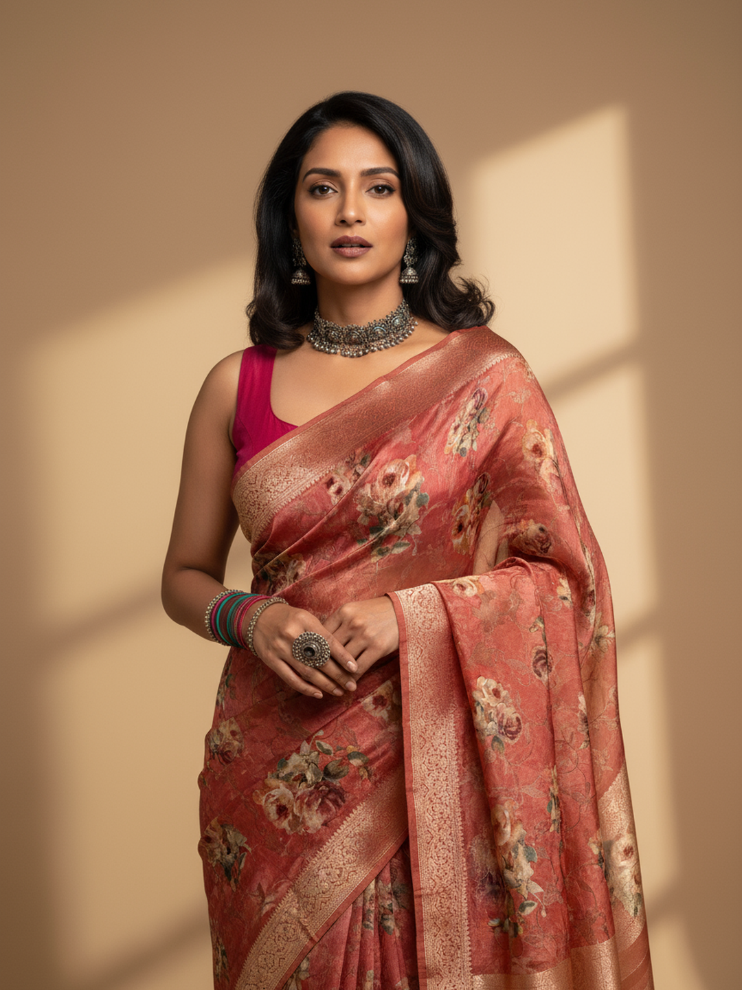 Coral Printed Silk Blend Saree With Unstitched Blouse Piece