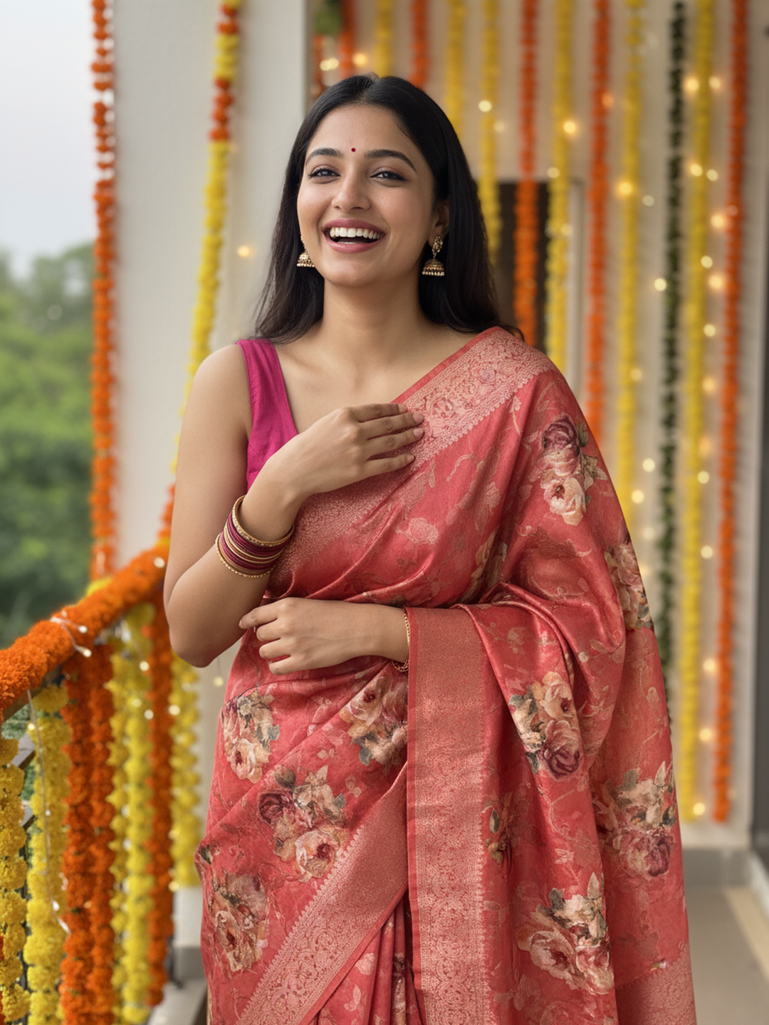 Coral Printed Silk Blend Saree With Unstitched Blouse Piece