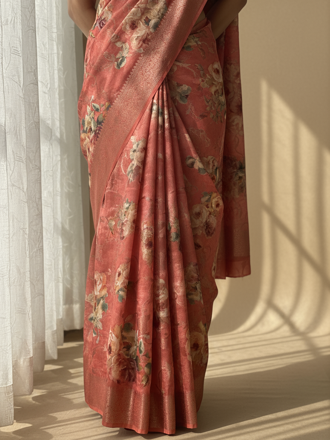 Coral Printed Silk Blend Saree With Unstitched Blouse Piece