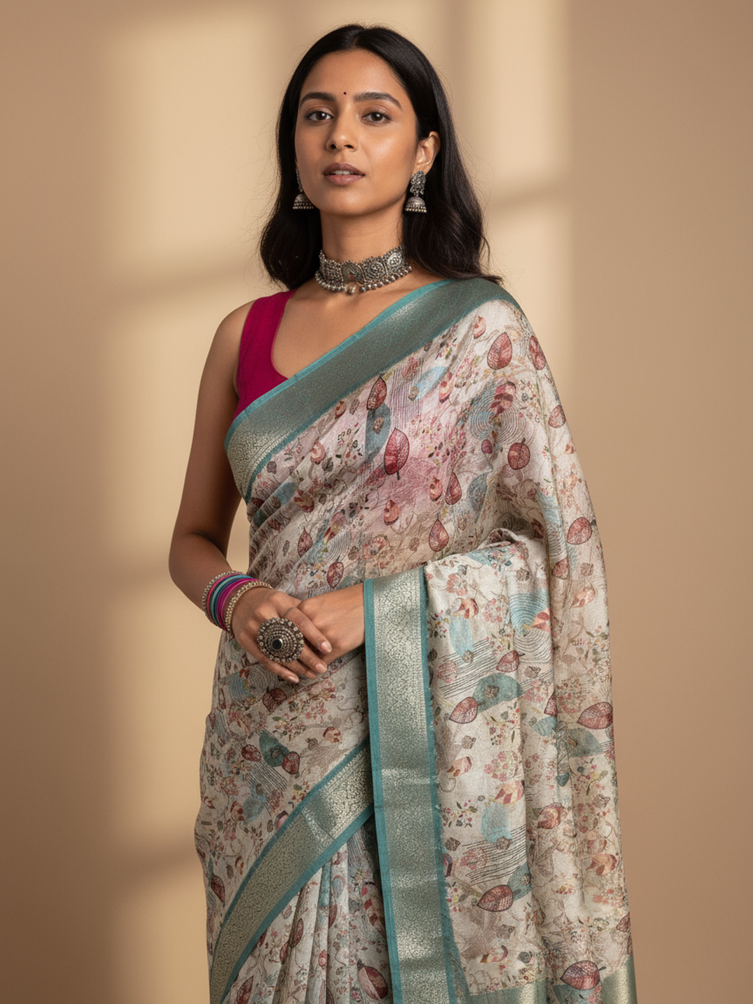 Beige Printed Silk Blend Saree With Unstitched Blouse Piece