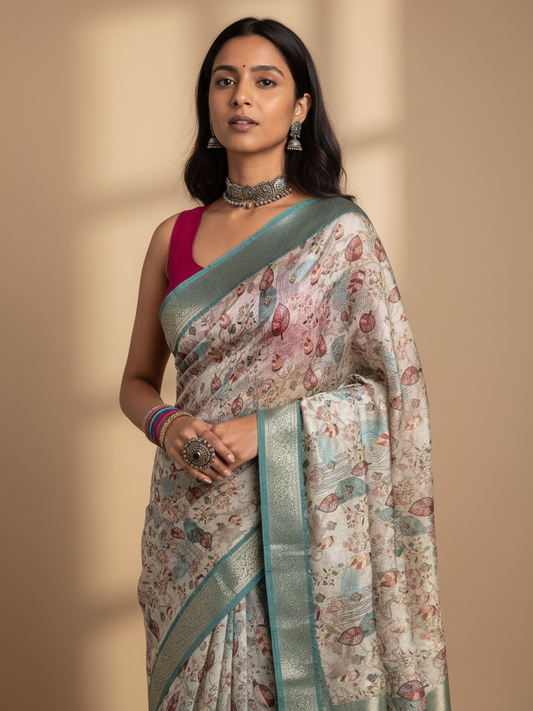 Beige Printed Silk Blend Saree With Unstitched Blouse Piece