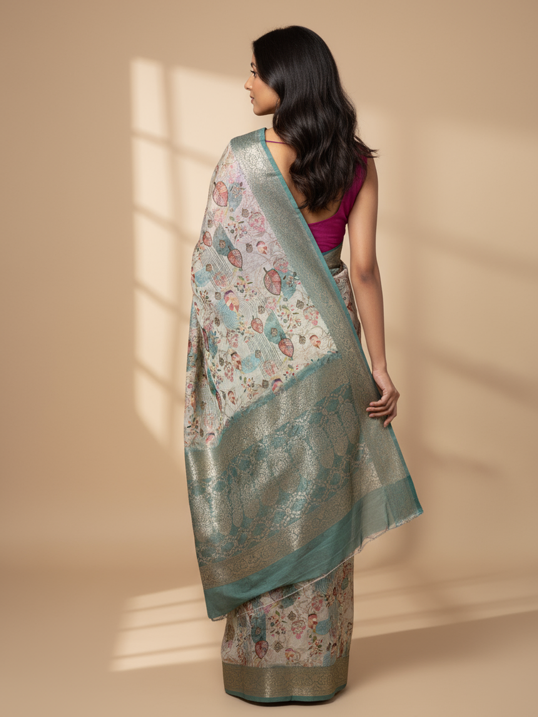 Beige Printed Silk Blend Saree With Unstitched Blouse Piece