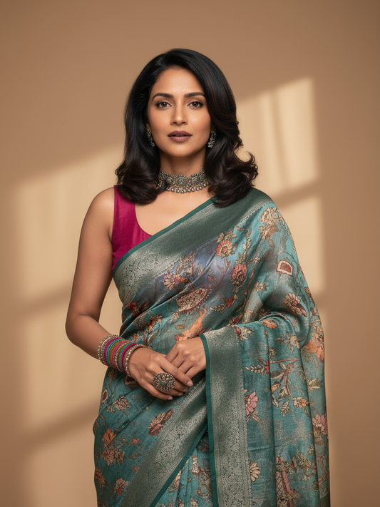 Blue Printed Silk Blend Saree With Unstitched Blouse Piece