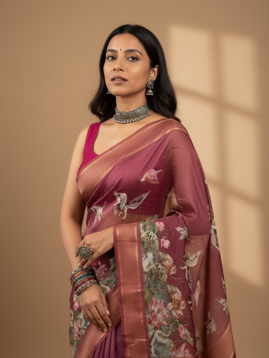 Mauve Printed Pure Georgette Saree With Unstitched Blouse Piece