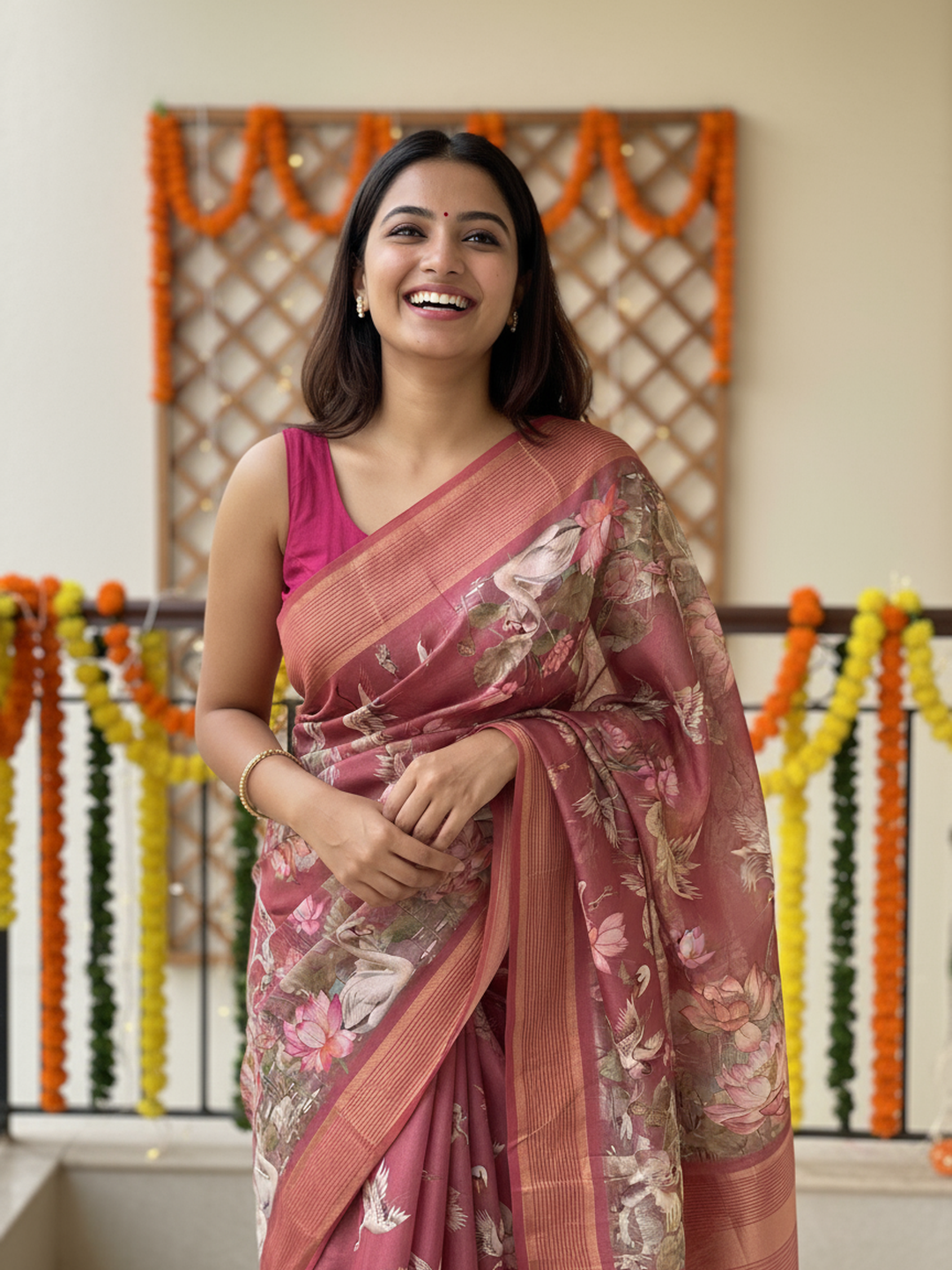 Mauve Printed Pure Georgette Saree With Unstitched Blouse Piece