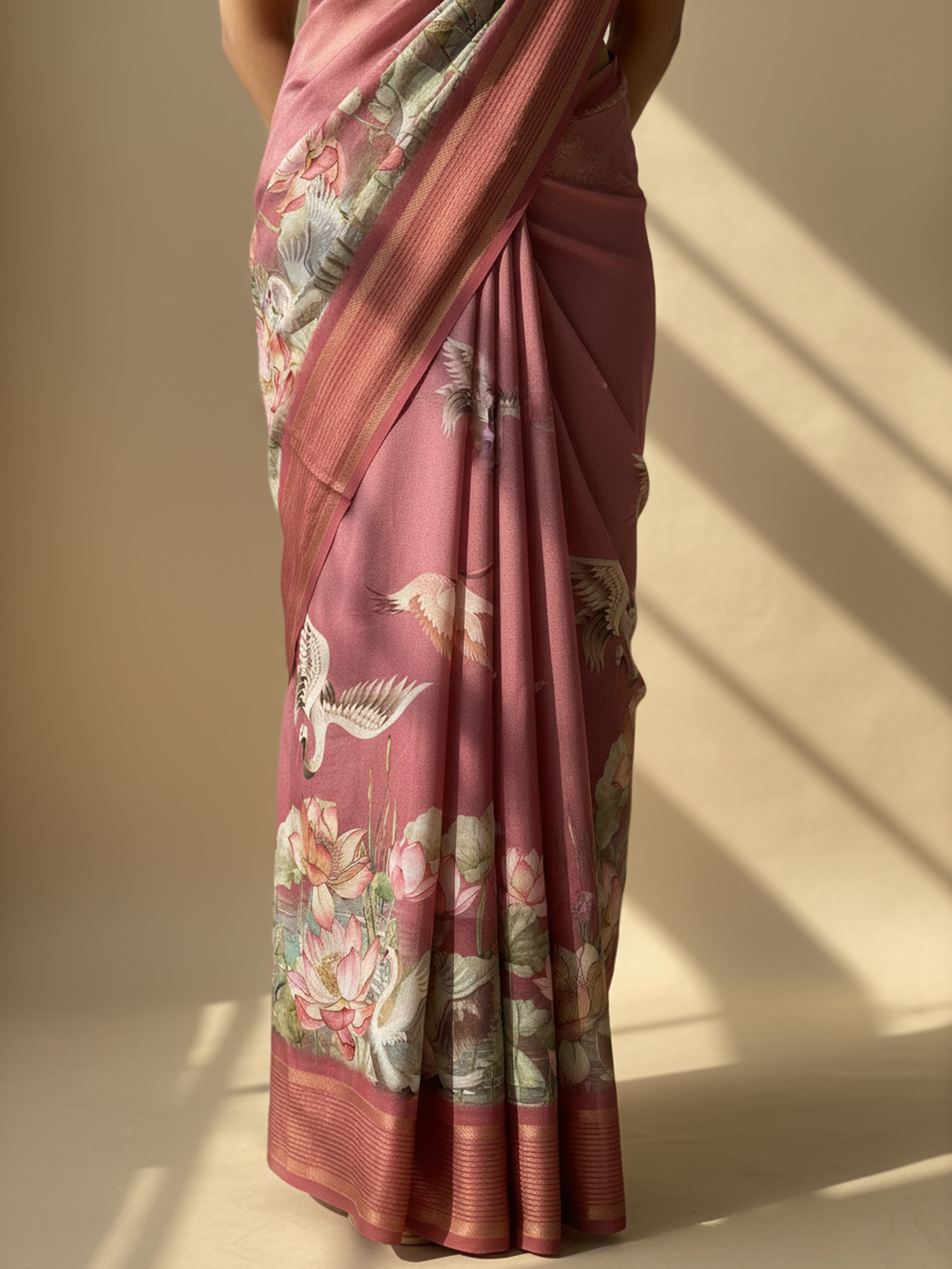 Mauve Printed Pure Georgette Saree With Unstitched Blouse Piece