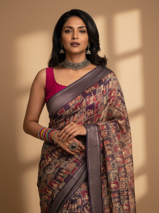 Purple Printed Pure Georgette Saree With Unstitched Blouse Piece