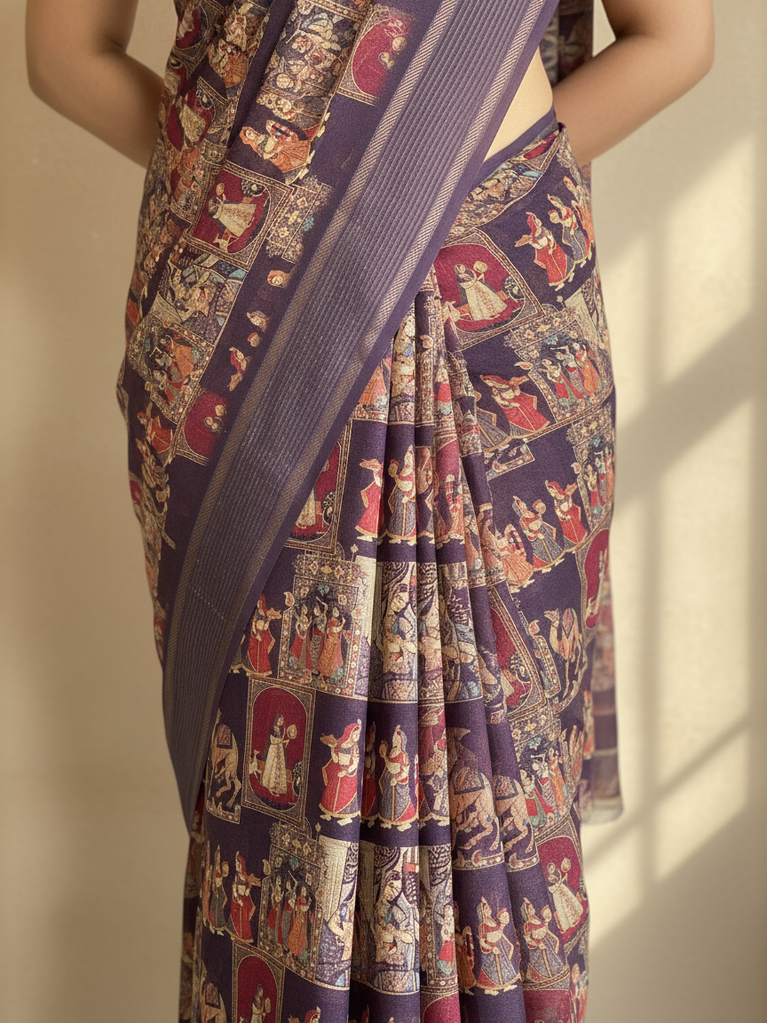 Purple Printed Pure Georgette Saree With Unstitched Blouse Piece