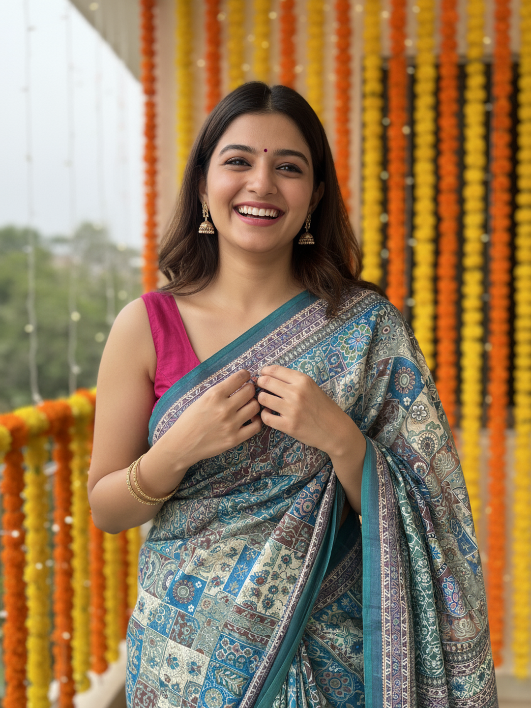 Blue Printed Pure Georgette Saree With Unstitched Blouse Piece