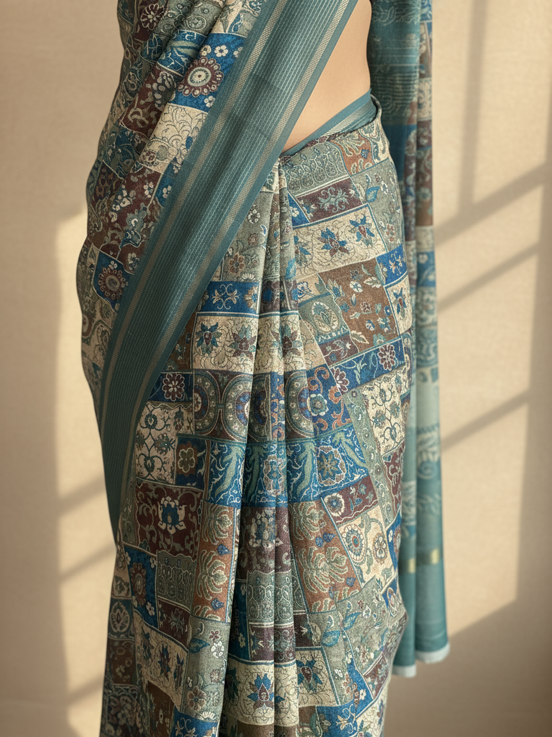 Blue Printed Pure Georgette Saree With Unstitched Blouse Piece