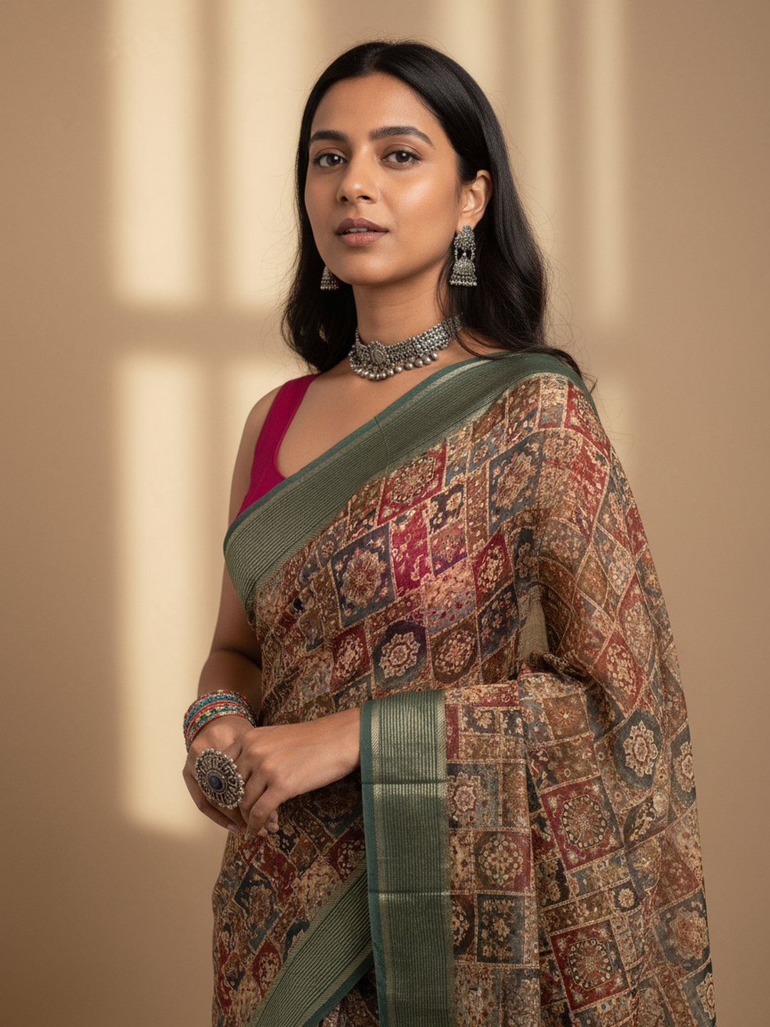 Green Printed Pure Georgette Saree With Unstitched Blouse Piece