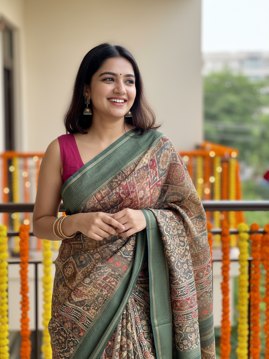 Green Printed Pure Georgette Saree With Unstitched Blouse Piece