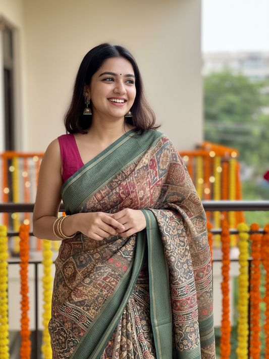 Green Printed Pure Georgette Saree With Unstitched Blouse Piece