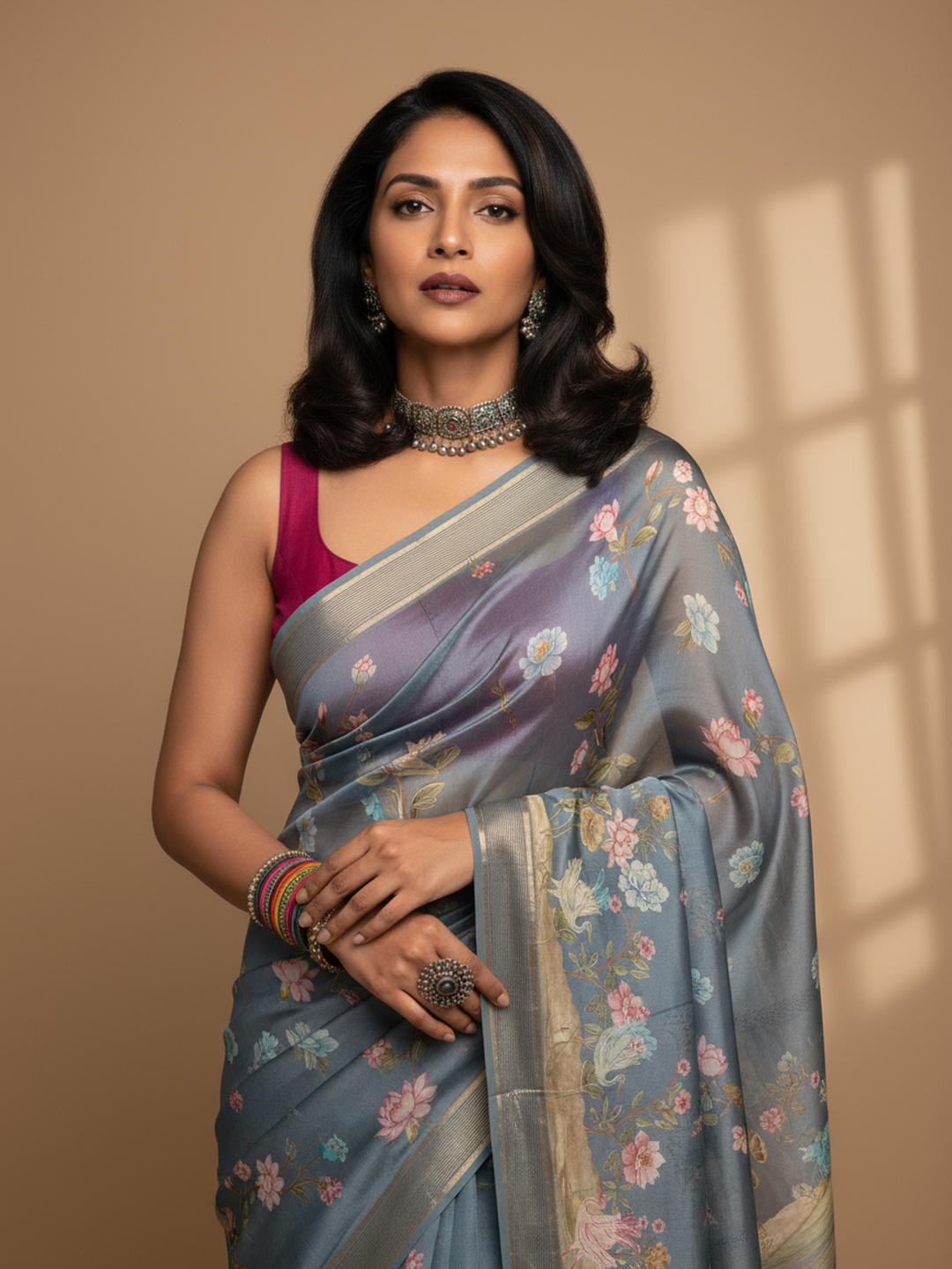 Grey Printed Pure Georgette Saree With Unstitched Blouse Piece