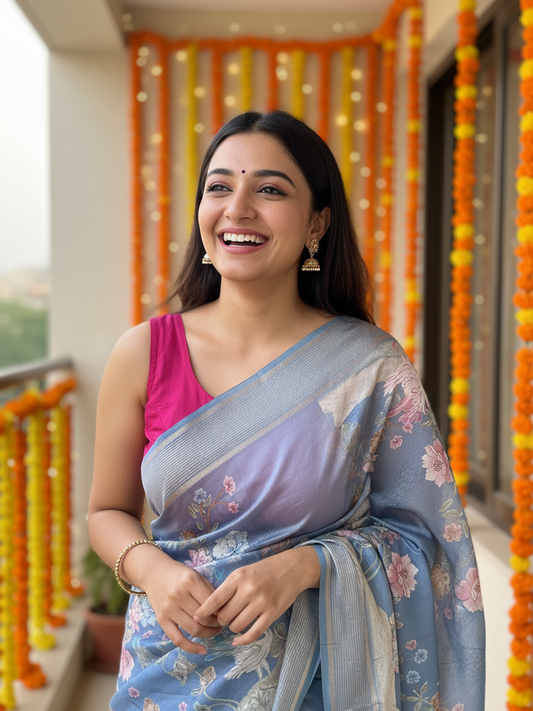 Grey Printed Pure Georgette Saree With Unstitched Blouse Piece