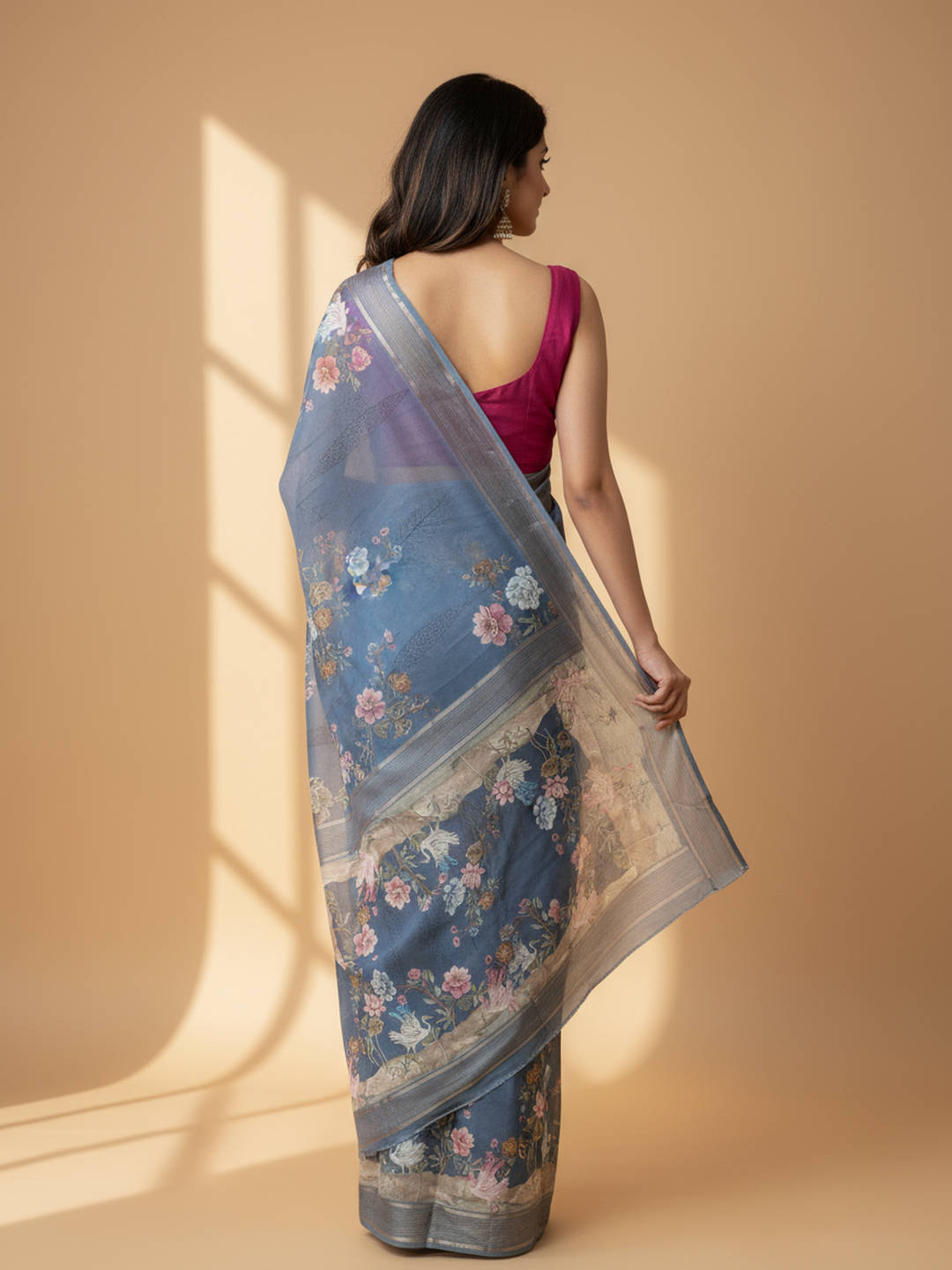 Grey Printed Pure Georgette Saree With Unstitched Blouse Piece