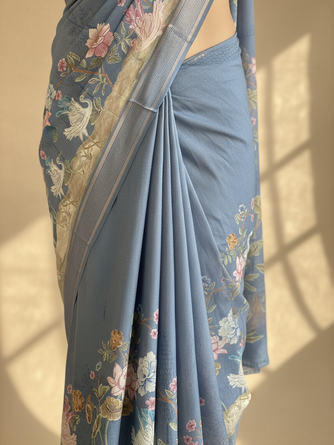 Grey Printed Pure Georgette Saree With Unstitched Blouse Piece