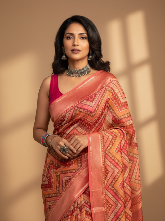 Coral Printed Pure Georgette Saree With Unstitched Blouse Piece