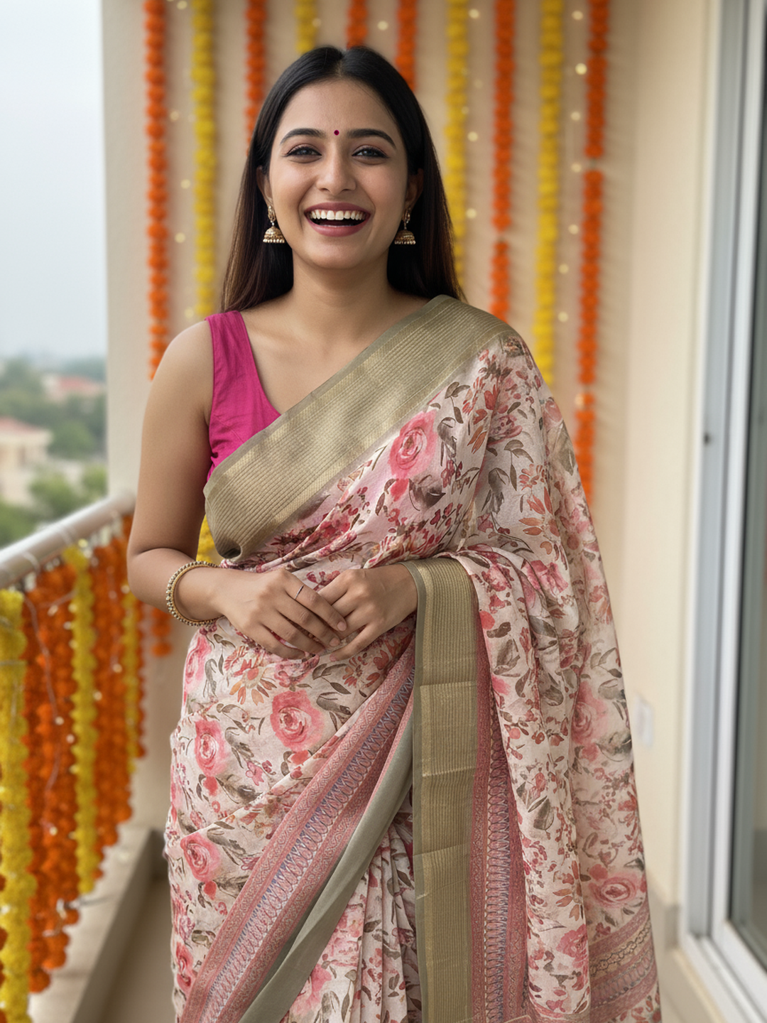 Cream Printed Pure Georgette Saree With Unstitched Blouse Piece