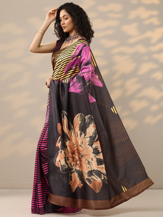 Black Printed Silk Blend Saree With Unstitched Blouse Piece