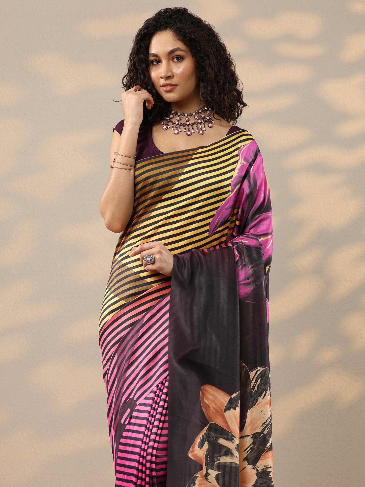 Black Printed Silk Blend Saree With Unstitched Blouse Piece