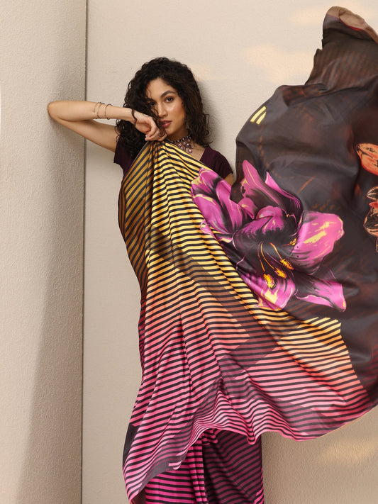 Black Printed Silk Blend Saree With Unstitched Blouse Piece