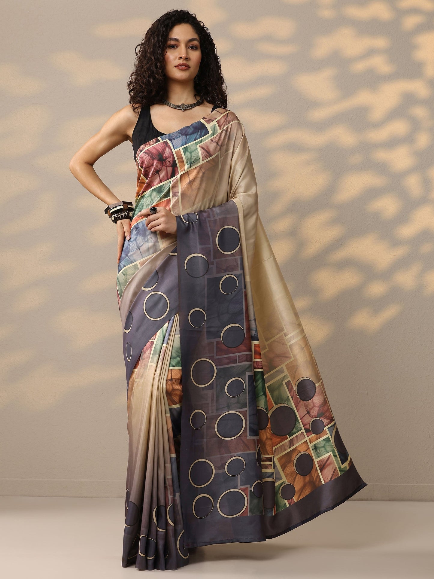 Multi Printed Silk Blend Saree With Unstitched Blouse Piece