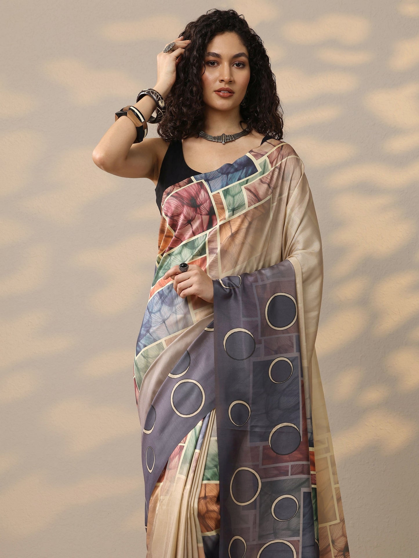 Multi Printed Silk Blend Saree With Unstitched Blouse Piece