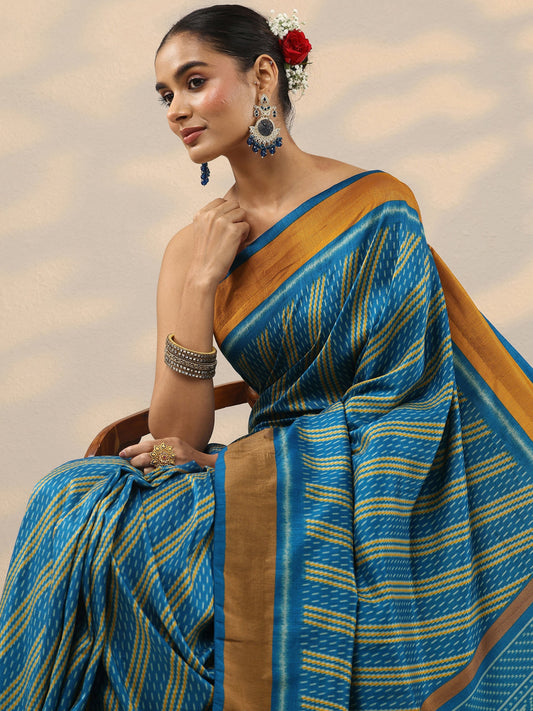 Blue Printed Silk Blend Saree With Unstitched Blouse Piece
