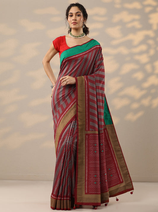 Red Printed Silk Blend Saree With Unstitched Blouse Piece