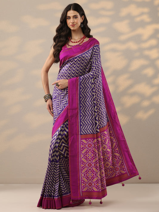 Purple Leheriya Printed Silk Blend Saree With Unstitched Blouse Piece