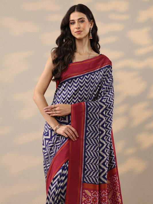 Blue Leheriya Printed Silk Blend Saree With Unstitched Blouse Piece