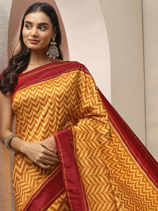 Mustard Leheriya Printed Silk Blend Saree With Unstitched Blouse Piece