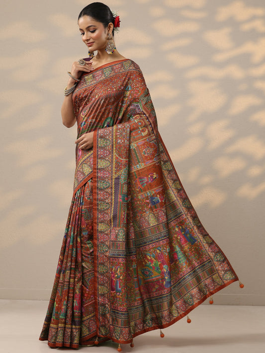 Red Printed Silk Blend Saree With Unstitched Blouse Piece