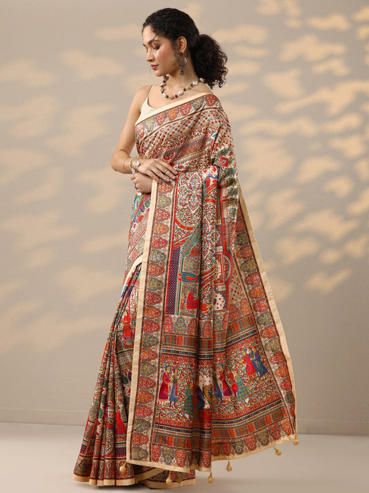Beige Printed Silk Blend Saree With Unstitched Blouse Piece