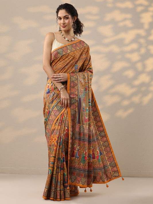 Mustard Printed Silk Blend Saree With Unstitched Blouse Piece