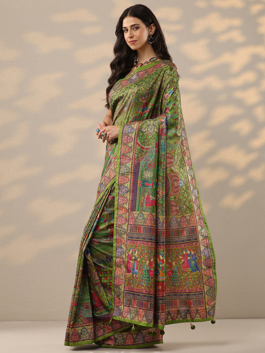 Green Printed Silk Blend Saree With Unstitched Blouse Piece