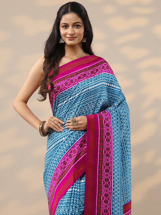 Blue Printed Silk Blend Saree With Unstitched Blouse Piece